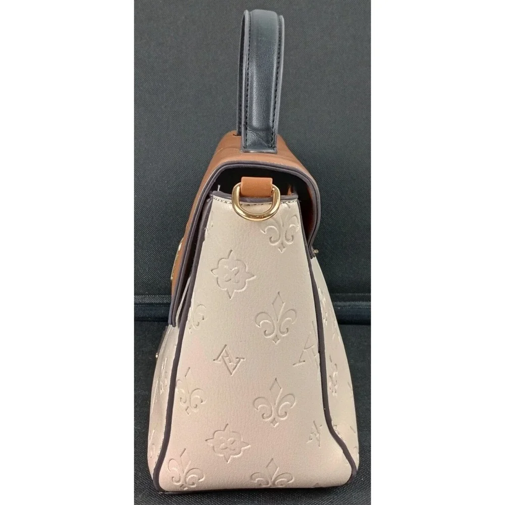 Adrienne Vittadini Cream Brown Black Gold Handbag Embossed Fleur De Lis Logo